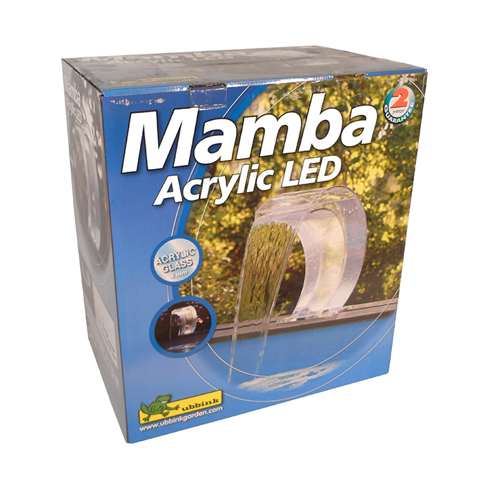 MAMBA ACRYL LED - cascade Piscine - Acryl 4mm, 230VAC/50Hz, anneau SMD 24 Leds blanc, 12VAC 3,25VA, Accessoires de raccordement incl. 1 1/2" - LED : 185 Lumen, EEK A+, 3w - H54 x 47,5 x 30 cm