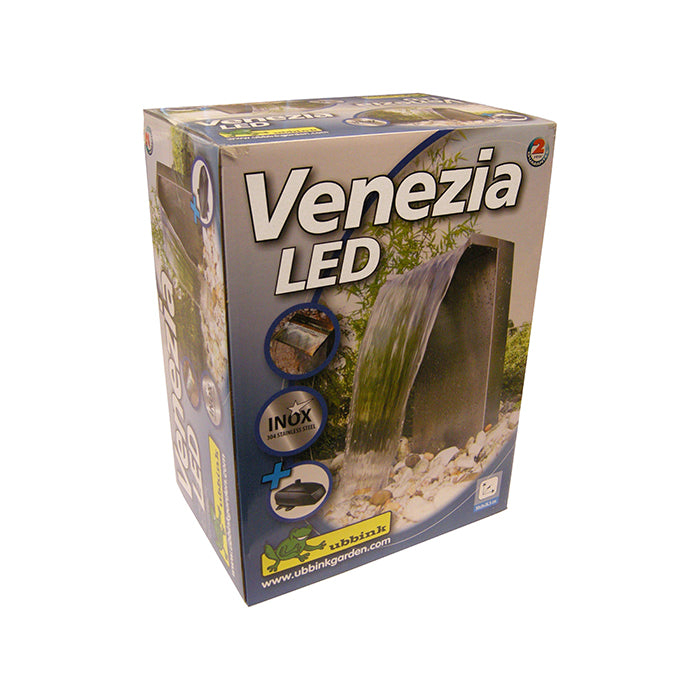 VENEZIA LED 30 - cascade - Inox 304, transfo 230VAC/12VAC-50Hz, 20 leds blanc, tuyau et acc. de raccordement - LED : 180 Lumen, EEK A+, 3w - H50 x 36 x 9 cm