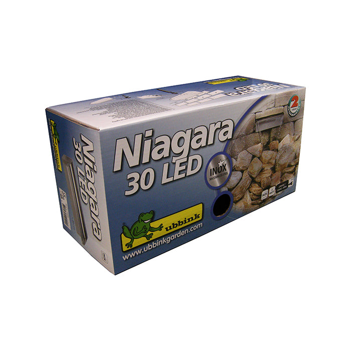 NIAGARA LED 30 - cascade - Inox 304, transfo 230VAC/12VAC-50Hz, 20 leds blanc, incl. connecteur 1" - LED : 180 Lumen, EEK A+, 3w - H10 x 30 x 12,5 cm