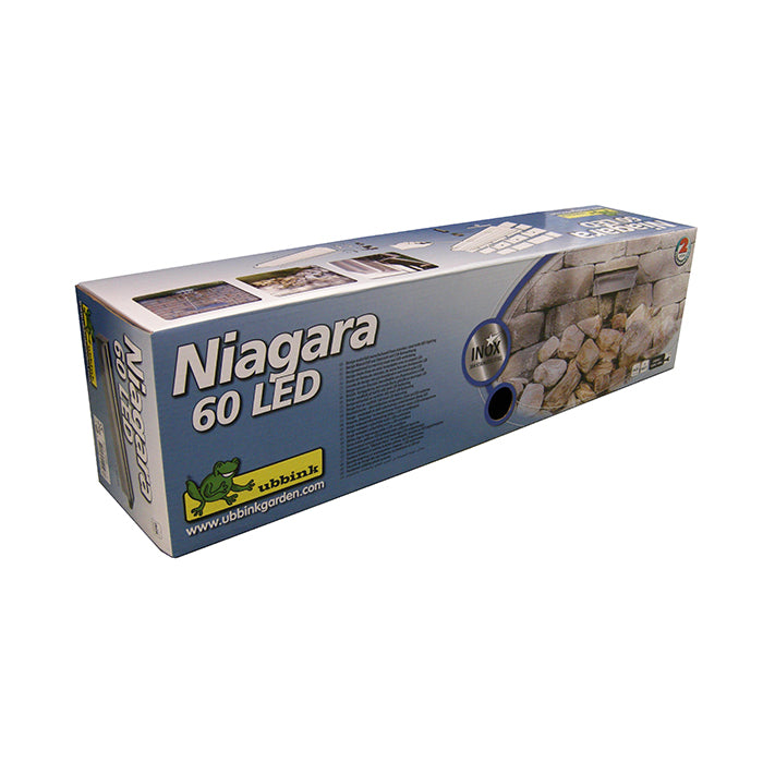 NIAGARA LED 60 - cascade - Inox 304, transfo 230VAC/12VAC-50Hz, 35 leds blanc, incl. connecteur 1" - LED : 240 Lumen, EEK A+, 4w - H10 x 60 x 12,5 cm