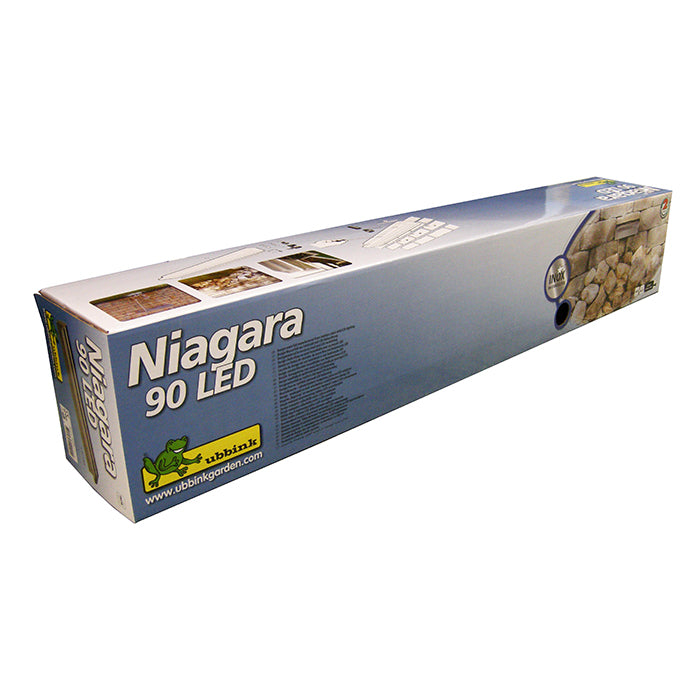 NIAGARA LED 90 - cascade - Inox 304, transfo 230VAC/12VAC-50Hz, 62 leds blanc, incl. connecteur 1" - LED : 420 Lumen, EEK A+, 7w - H10 x 90 x 12,5 cm