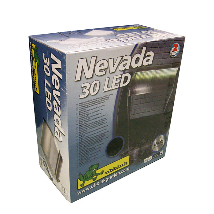 NEVADA LED 30 - cascade - Inox 304, transfo 230VAC/12VAC-50Hz, 20 leds blanc, incl. connecteur 1" - LED : 180 Lumen, EEK A+, 3w - H13 x 30 x 33 cm