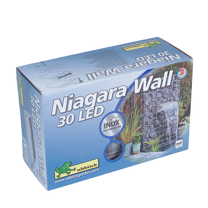 NIAGARA 30 LED WALL - cascade - Inox 316L, transfo 230VAC/12VAC-50Hz, 20 leds blanc, incl. connecteur 1" - LED : 180 Lumen, EEK A+, 3w - H10 x 30 x 20 cm